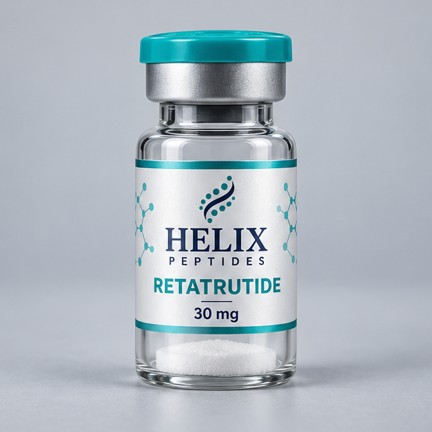 Helix Retatrutide vial illustration with white powder visible inside